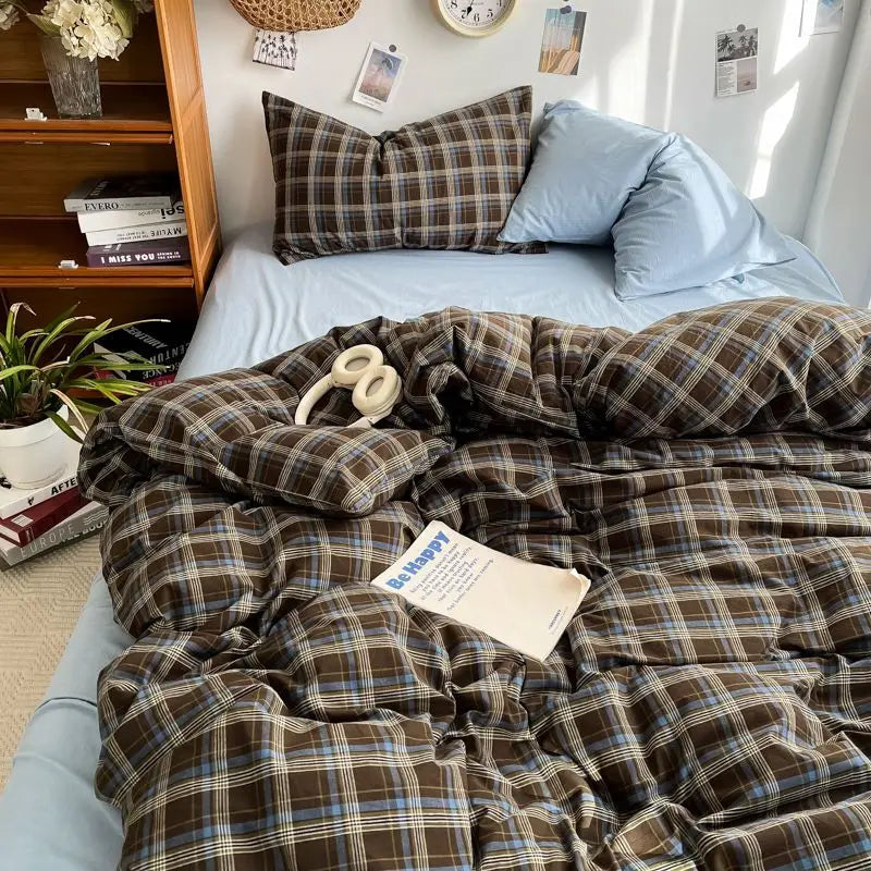 Rynx | Bedding Set Ins Ambiance Blue Coffee Grid Mixed With Washed Cotton Minimalist Four-Piece Set Fitted Sheet Duvet Cover