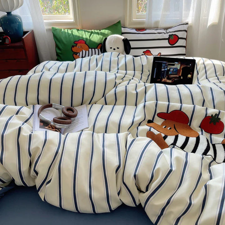 Rynx | Embroidered Running Dog Soft Bedding Set Duvet Cover Bed Linen Bedspread Pillowcases Flat Sheet Comforter Sets for Girls