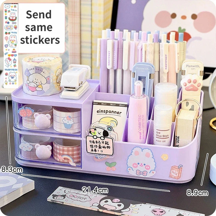 Rynx | Kawaii Desk Organizer Storage Box Cute Bear Handle Drawer Stationery Pen Holder Sticky Notes Tape Storage Box Organizer Shelf