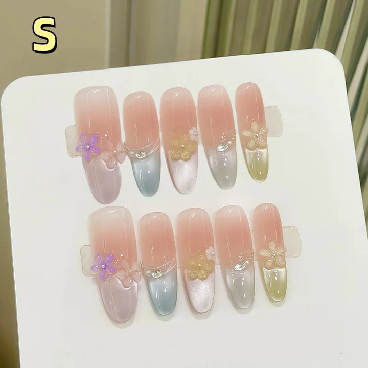 Rynx | 10 Piece Long Oval Handmade Press-On Nails Rainbow Cat Eye Effect with 3D Flower Designs Perfect for Women and Girls Daily Nail Use