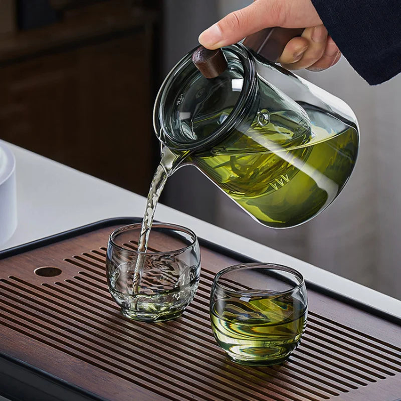 Lisslune | GIANXI Retro Glass Teapot Wood Handle Chinese Tea Ceremony Transparent Teawear Set Cup Filter High Boron Silicon Pot  530ML
