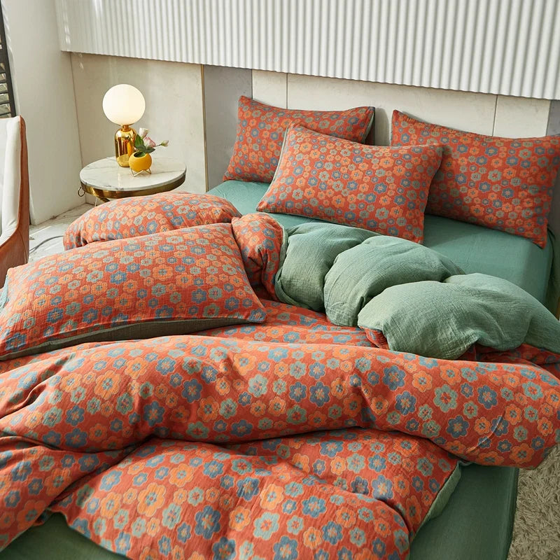 Rynx | Cotton Soft Bedding Set Striped Print Duvet Cover with Pillowcase Flower Duvet Pillowcases Sets