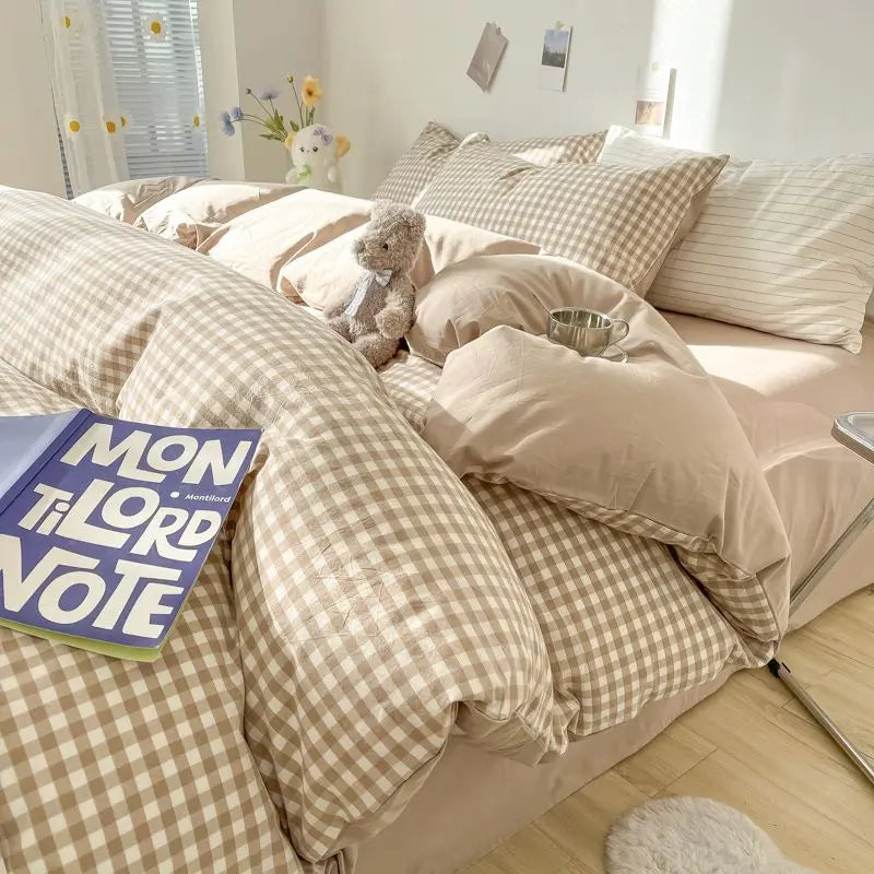 Rynx INS Checkered Bedding Set Pink Green Bedding Nordic Duvet Cover Pillowcase Queen Size Fitted Sheet Adult Children Bedding
