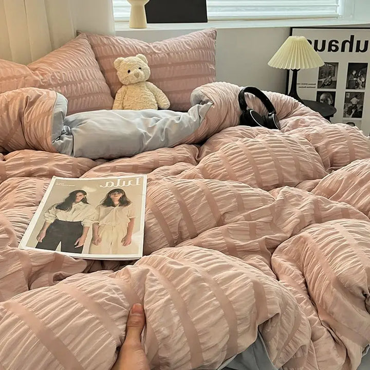 Rynx | Luxurious White Ruffled Seersucker Duvet Cover Soft Solid Color Bedding with Bed Sheet Pillowcases Twin Queen King Size