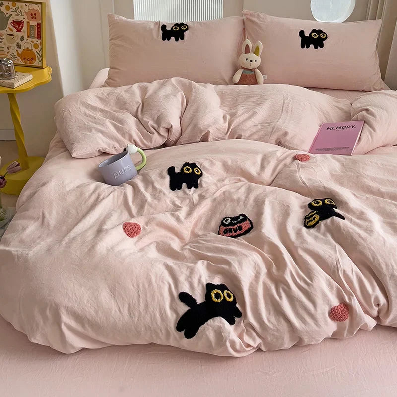 Rynx | Bedding set Super soft washed cotton towel embroidery duvet cover four-piece set - Lucky cat series