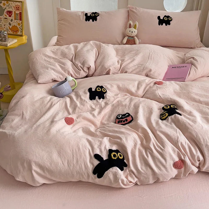 Rynx | Bedding set Super soft washed cotton towel embroidery duvet cover four-piece set - Lucky cat series