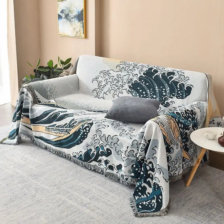 Rynx | Textile City Japanese Simple Style Wave Home Fabric Sofa Blanket Dust Protection Jumbo Size Double Sofa Cushion Camping Picnic Fabric