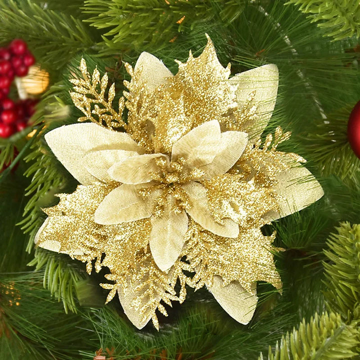 Rynx 5/10pcs 14cm Glitter Artificial Christmas Flowers Xmas Tree Ornaments Merry Christmas Decorations for Home New Year Gift Navidad