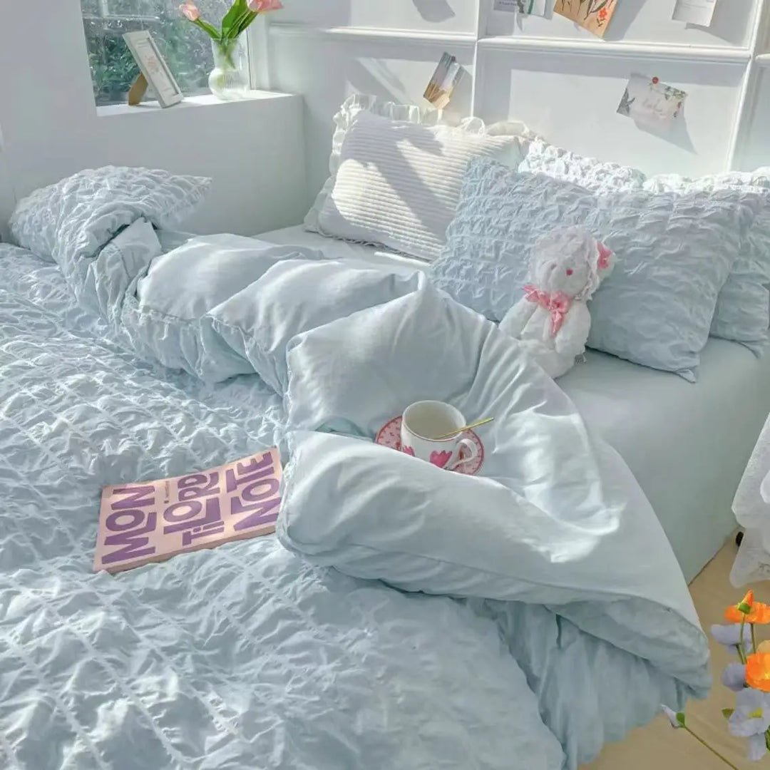 Rynx | Princess Bedding Set French Style Wash Cotton Uni Seersucker Summer Soft 2024 New Bed Sheet Set Blanket Set