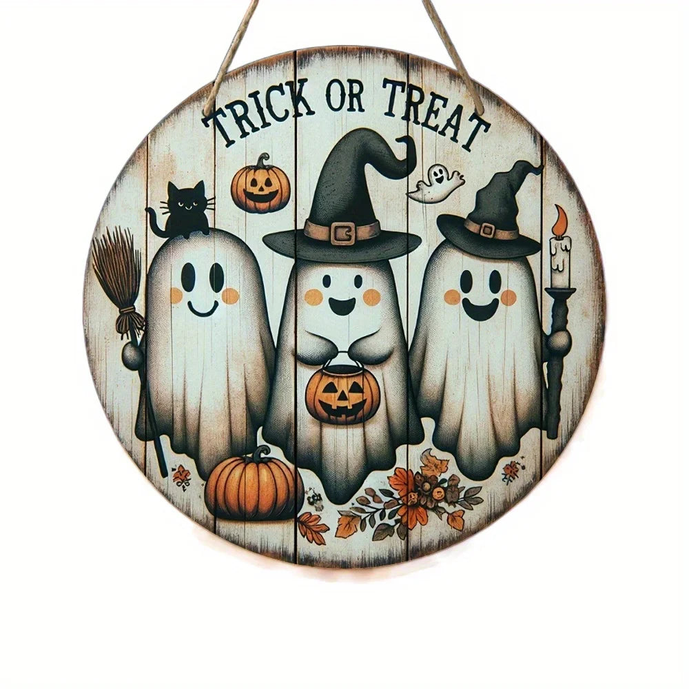 Rynx | 2D Wood Halloween Three Cute Ghosts Broom Spoof Pumpkins 7.9 Inch/20 cm Round Hanging Sign Wall or Door Decoration Wall Art
