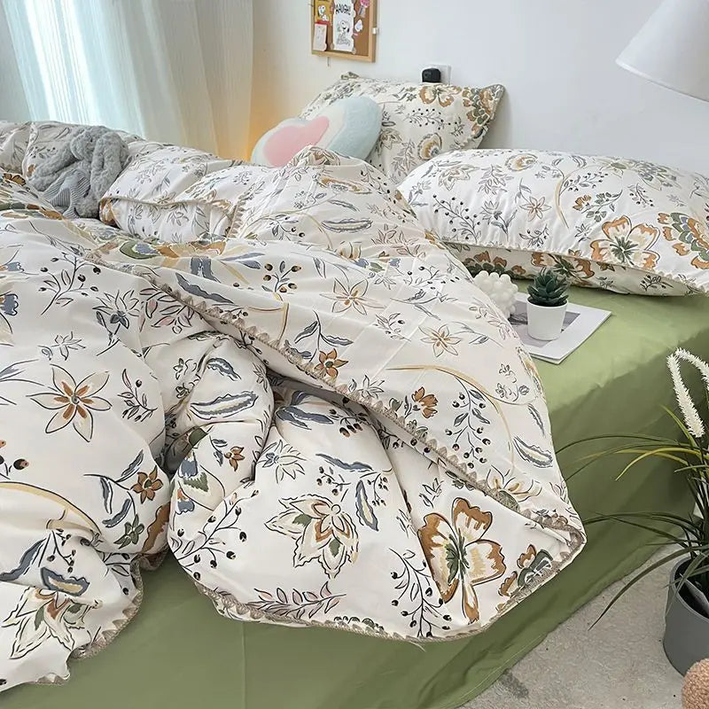 Rynx | Bedding set INS Girls Cherry Soft washed cotton bed sheet Queen King size duvet set Comforter set pillowcase bedding