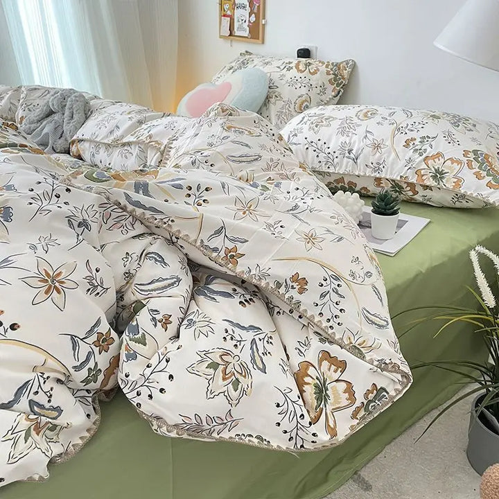 Rynx | Bedding set INS Girls Cherry Soft washed cotton bed sheet Queen King size duvet set Comforter set pillowcase bedding
