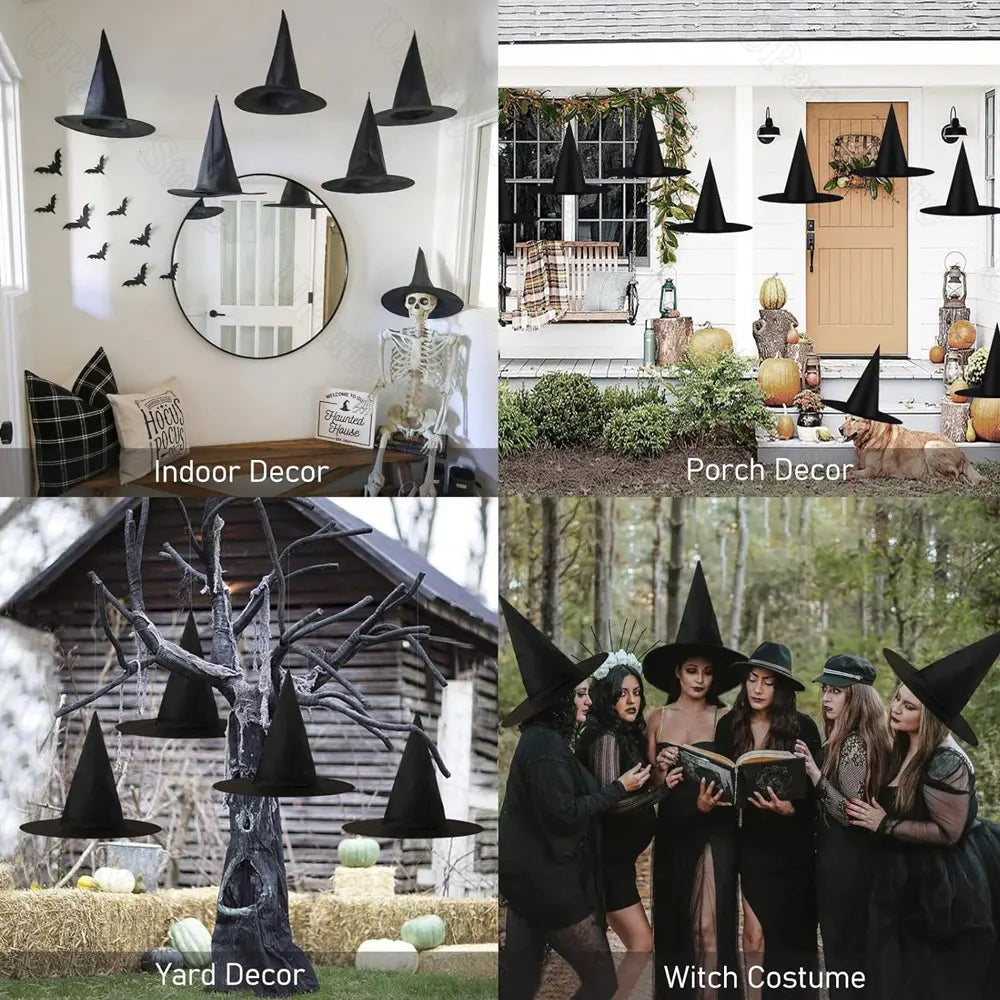 Rynx | 6/12pcs Halloween Black Witch Hats with Rope Hanging Wizard Hats XXL for Home Outdoor Porch Halloween Decoration Party Gifts