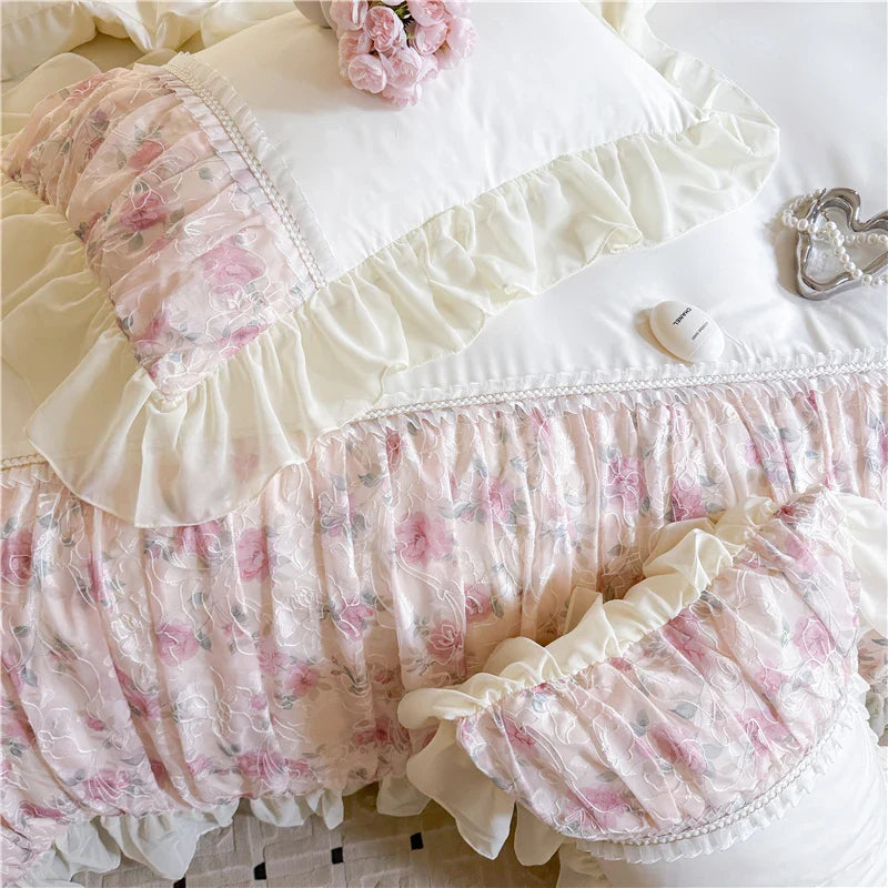 Rynx | Flower Lace Ruffle Princess Wedding Bedding Set Full Queen King Duvet Cover Bed Skirt/Bed Sheet/Fitted Sheet Pillowcases 4 Pieces