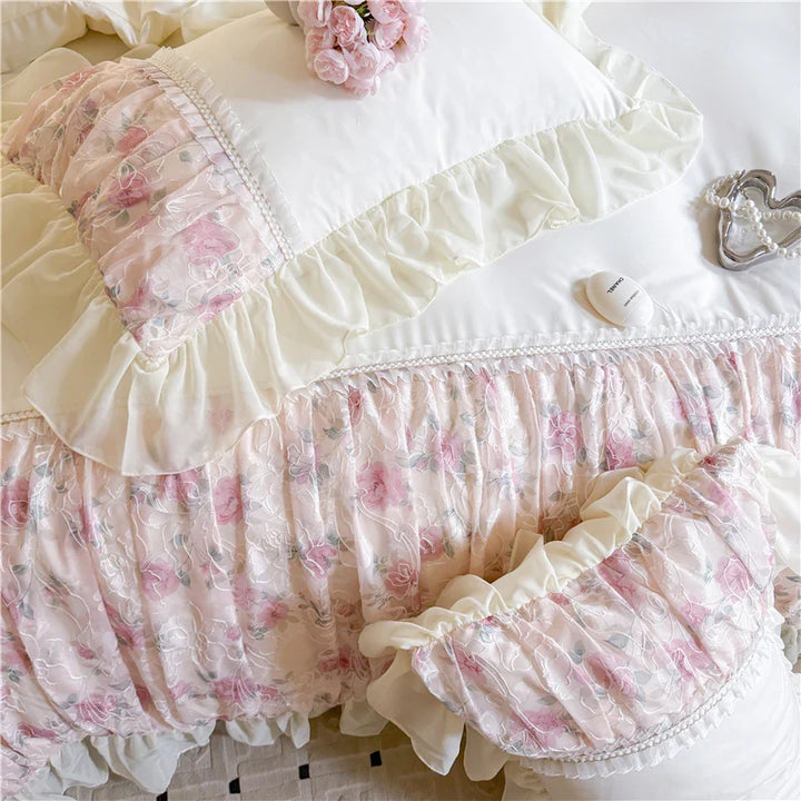Rynx | Flower Lace Ruffle Princess Wedding Bedding Set Full Queen King Duvet Cover Bed Skirt/Bed Sheet/Fitted Sheet Pillowcases 4 Pieces