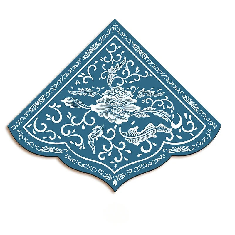 Rynx | Chinese Kitchen Corner Rug Floral Leaf PVC Rug Fan-Shaped Irregular Doormat Retro Elegant Water-Absorbent Doormat Rug