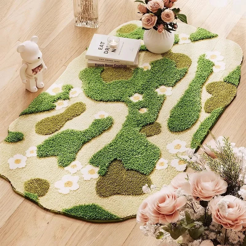 Rynx | Long Tufting Moss Bedroom Carpet Soft Rug for the Living Room Green Plants Floor Mat Non-Slip Doormat Aesthetic Home Decor