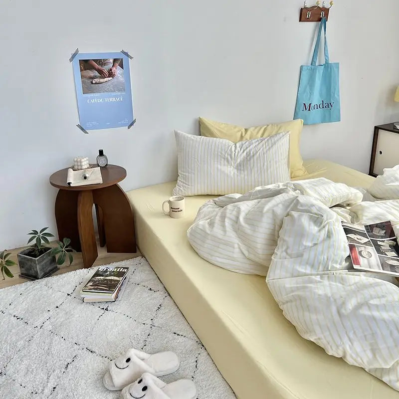 Rynx | Ins Style Bedding Set Duvet Cover Wash Cotton Stripes Summer Soft Cool Summer Bed Sheet Set Blanket Set Comforter Cover