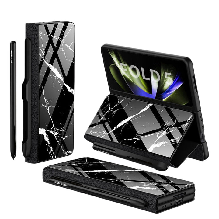 Lisslune | Shockproof Armor Case Glass Cover Stand Insert Card Leather Case for Samsung Galaxy Z Fold 5/4