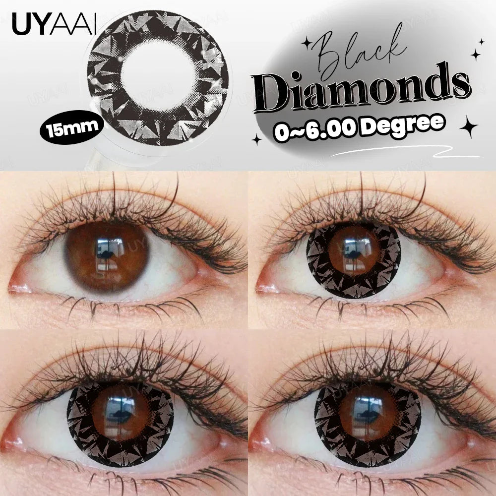 Rynx | Myopia 15MM Black Diamond Lenses with Diopters 1 Pair Big Eyes Natural Black Lenses Brown Contact Lenses Gray Purple Lens