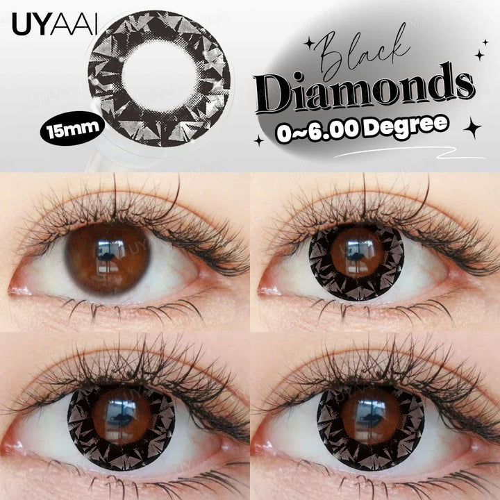 Rynx | Myopia 15MM Black Diamond Lenses with Diopters 1 Pair Big Eyes Natural Black Lenses Brown Contact Lenses Gray Purple Lens