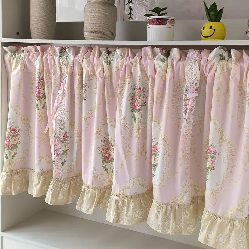 Rynx | Wave Pink Embroidered Flowers Window Panel Living Room Elegant Lace Curtain Panel Lace Band Short Curtains Kitchen