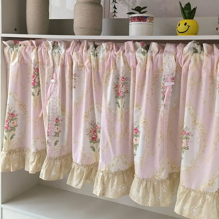 Rynx | Wave Pink Embroidered Flowers Window Panel Living Room Elegant Lace Curtain Panel Lace Band Short Curtains Kitchen