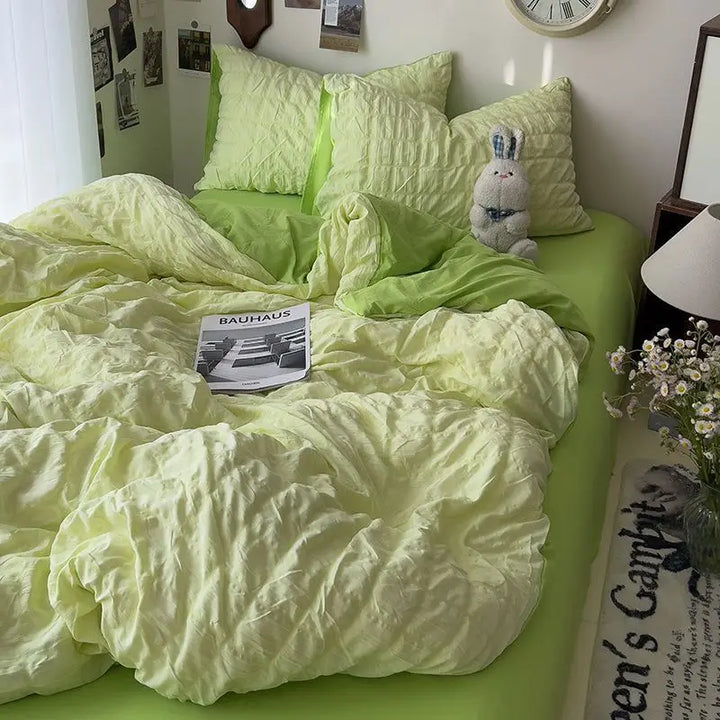 Rynx | Seersucker Princess Girl Bed Linen Set Duvet Cover Korean Four-Piece Washed Cotton Bed Sheet Blanket Set