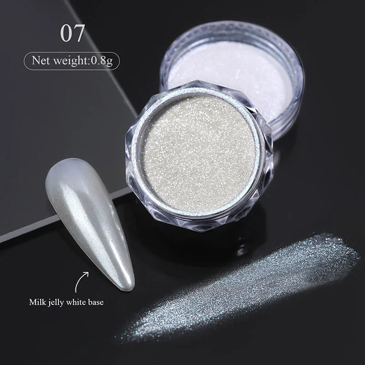 Rynx | Aurora Pearl White Nails Glitter Dust Chrome Gradient Rubbing on Powder Mirror Reflective Magnetic Pigment Nail Art Decorations