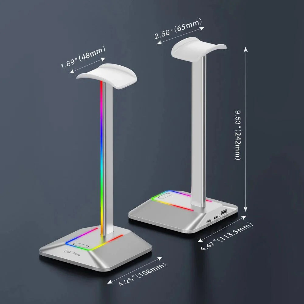 Lisslune | Link Dream Z8 LED Gaming Headset Stand with USB Type-C Connectivity - Elegant Silver Aluminum Headphone Organizer