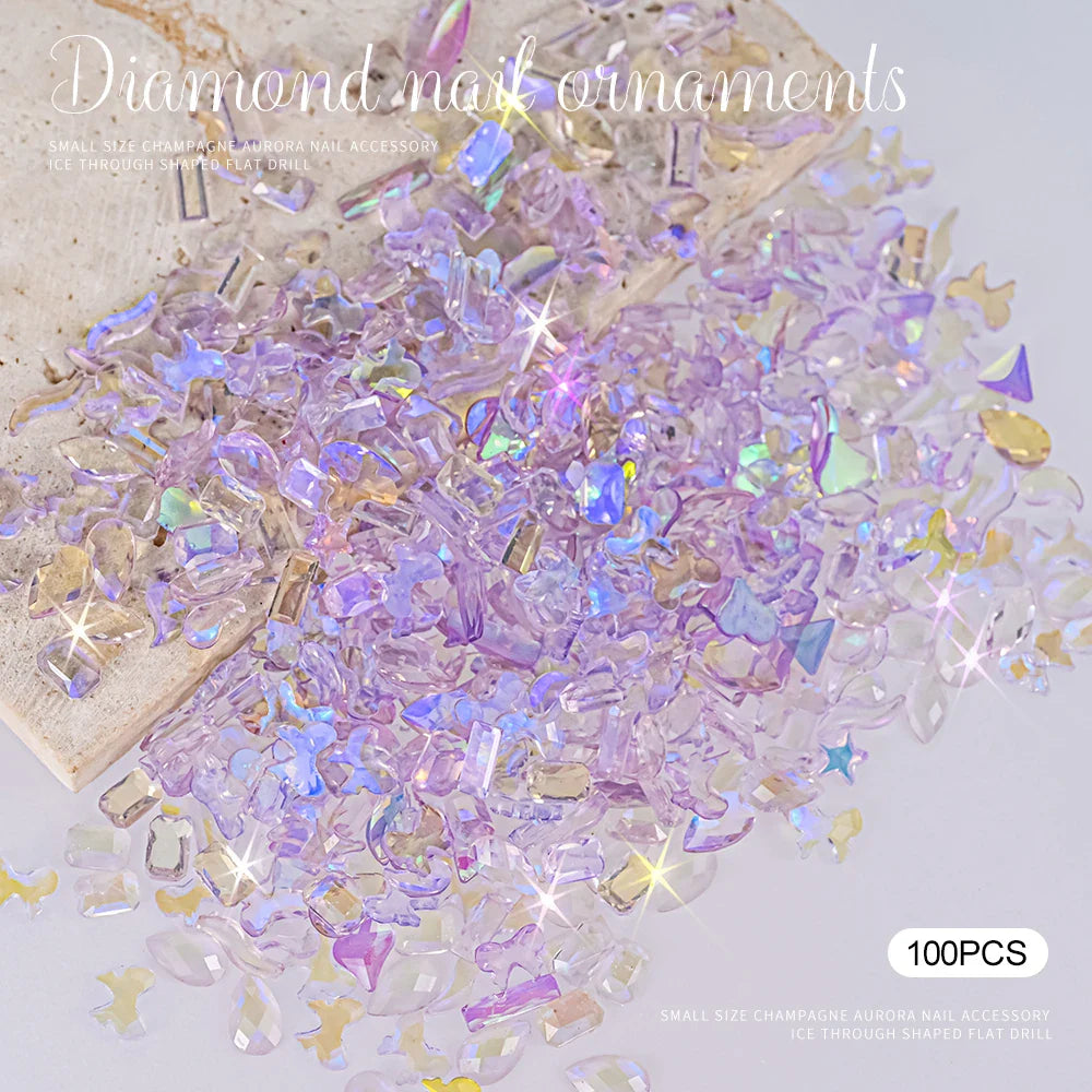 Rynx | 100 Pieces 3D Irregular Aurora Crystal Rhinestones Multi Shapes Aurora Nail Gems 6 Colors Flat Back Shiny Nail Art Rhinestones Charms