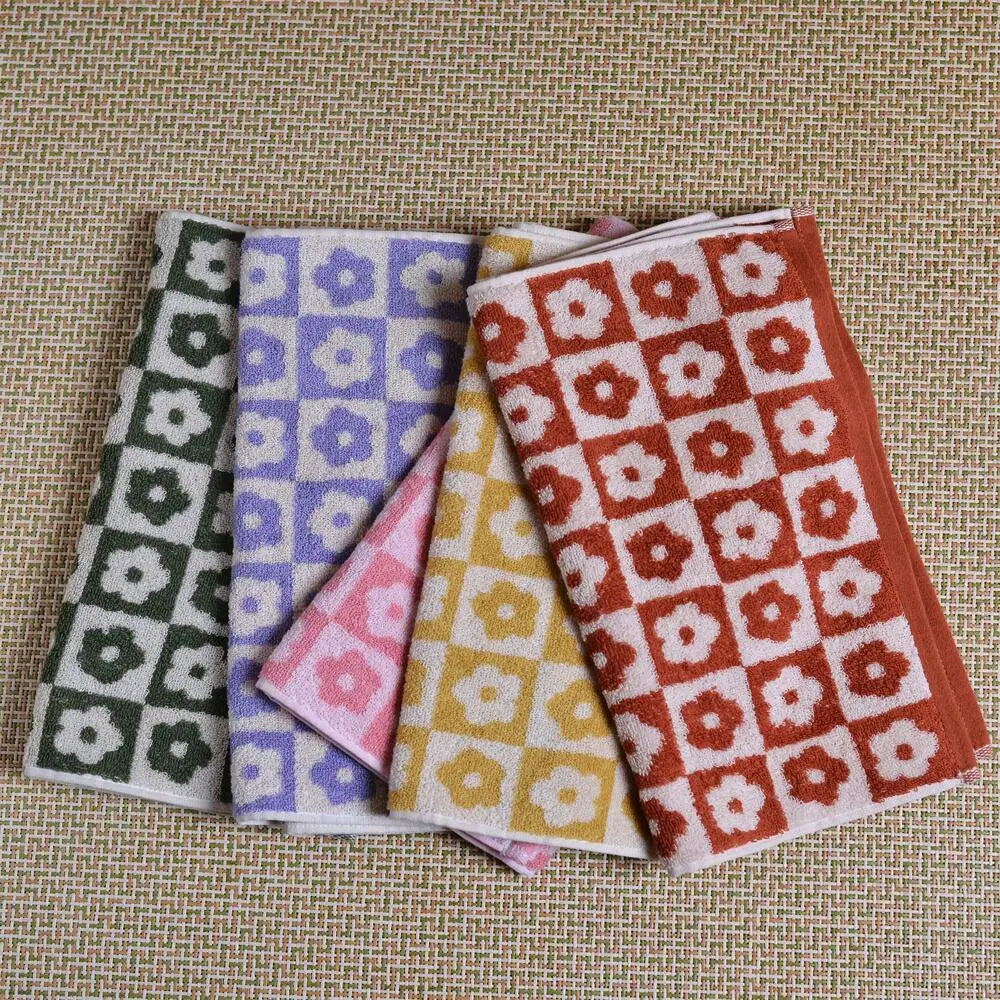 Rynx | Checkered Flower Cotton Towel Soft Skin-Friendly Face Towel Absorbent Bathroom Face Household Adult Children Towels
