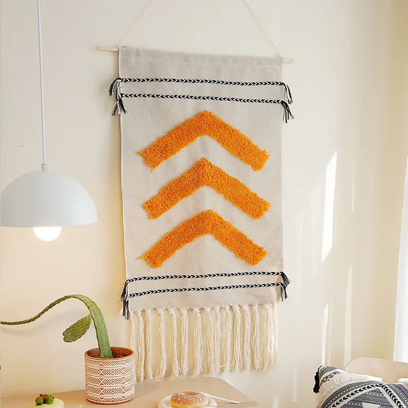 Rynx | Boho Wall Tapestry with Hand-Made Tassels Cotton Linen Tufting Wall Hanging Fabric Cover Blanket Ramadan Decor Home Decor