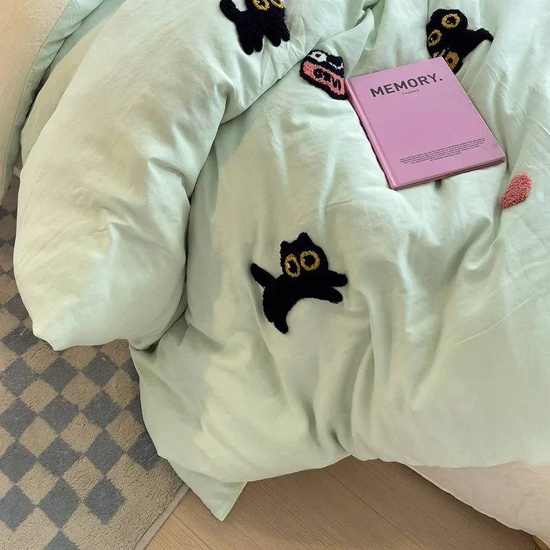 Rynx | Bedding set Super soft washed cotton towel embroidery duvet cover four-piece set - Lucky cat series
