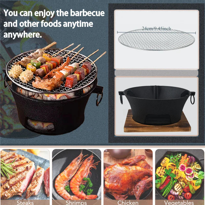 Lisslune | Outdoor Holzkohlegrill Tragbarer Gusseisen BBQ 10-Zoll Oberfläche Camping Picknicks Outdoor Partys Kompaktes Design Zuhause Terrasse Campingplatz