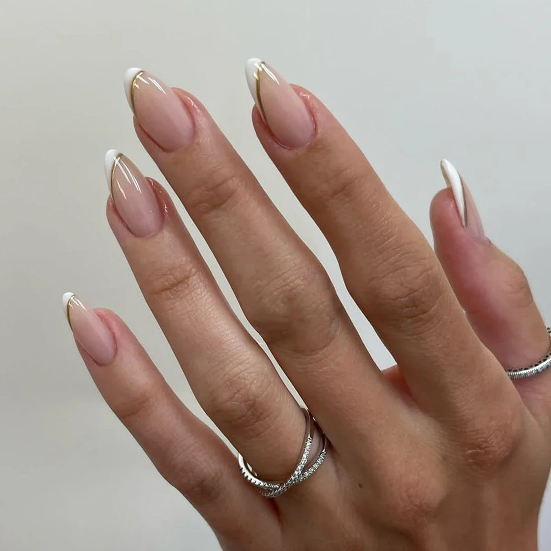 Rynx | Gold Metal French Nude Pink Nail Art Glitter Powder Fashion Artificial Nails Removable Pre-made Artificial Nails Press on Nails with Glue
