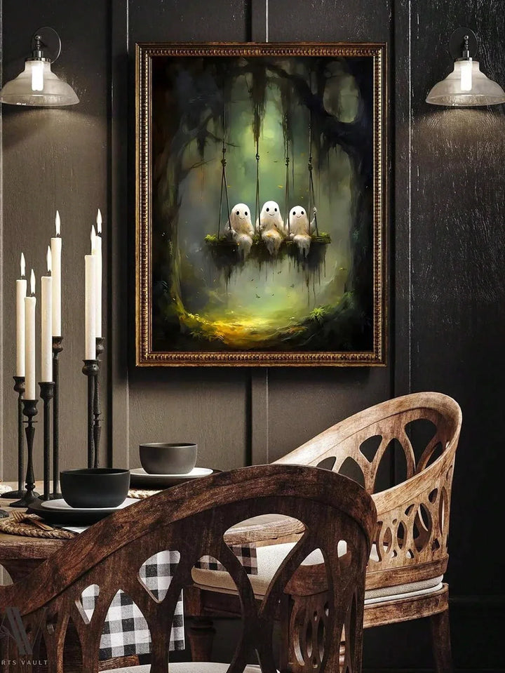 Rynx | Retro Sweet Ghost Companion & Reads Book Canvas Prints Monster Holds Black Cat Wall Art Poster for Living Room Halloween Decor