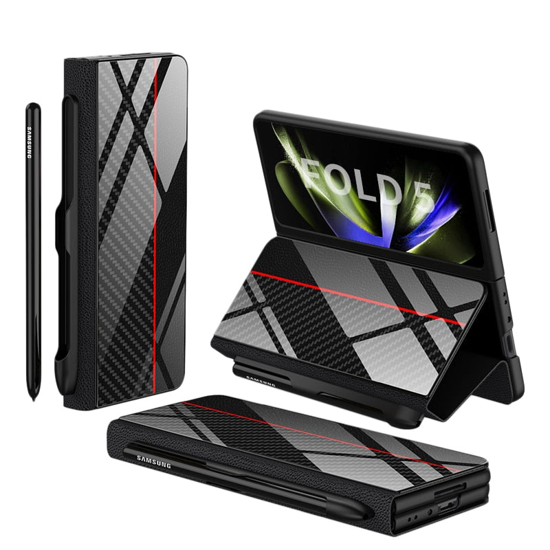 Lisslune | Shockproof Armor Case Glass Cover Stand Insert Card Leather Case for Samsung Galaxy Z Fold 5/4