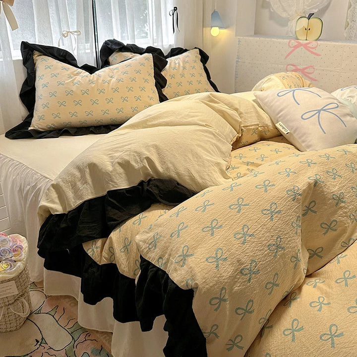 Rynx | Korean Style Flower Bedding Set 2024 New Washed Cotton 4-piece Bed Sheet Set Duvet Cover Set for Girls Bedding Decor Home