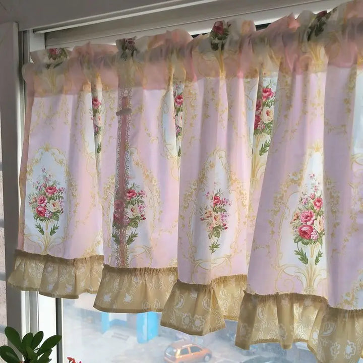 Rynx | Wave Pink Embroidered Flowers Window Panel Living Room Elegant Lace Curtain Panel Lace Band Short Curtains Kitchen