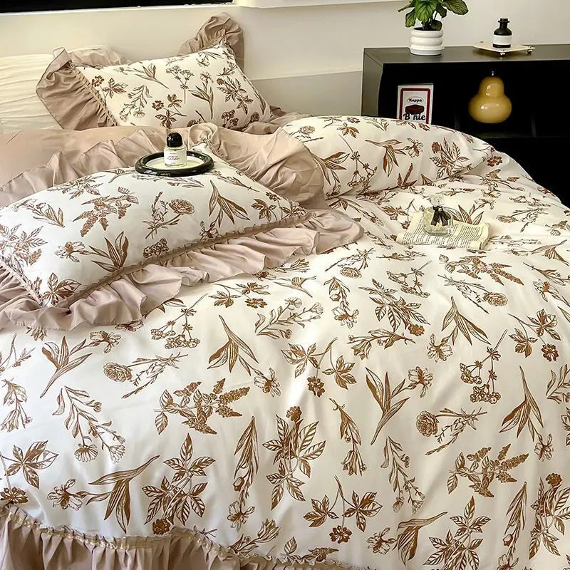 Rynx | French Retro Lightweight Luxury Washed Cotton Four-Piece Set Bedroom Lace Bedding Set Single Bedding Set Dorm Bedding