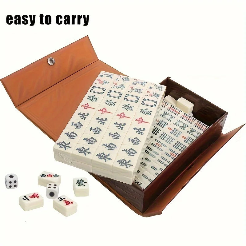 Rynx | 1pc Portable Compact Mahjong Set Lightweight Mahjong Set with Brown Bag - Perfect for Travel and Board Games