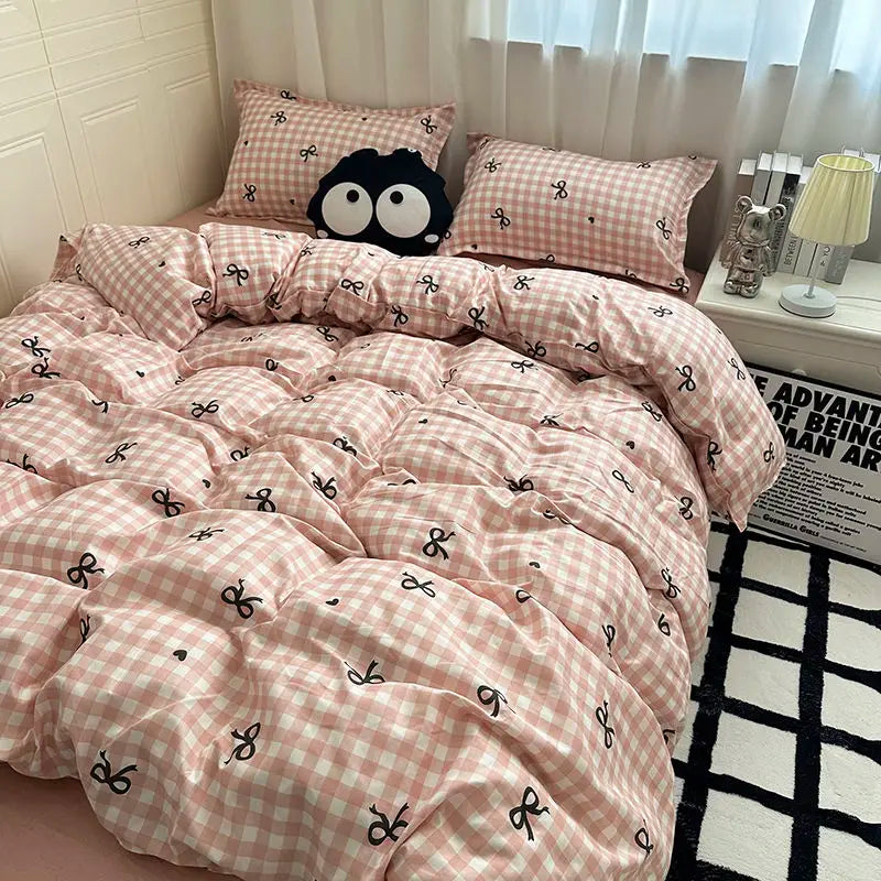 Rynx | New Fashion Bedding Set Ins Floral Single Double Size Duvet Cover Bed Sheet Pillowcase Grid Solid Color Home Girls Bedding
