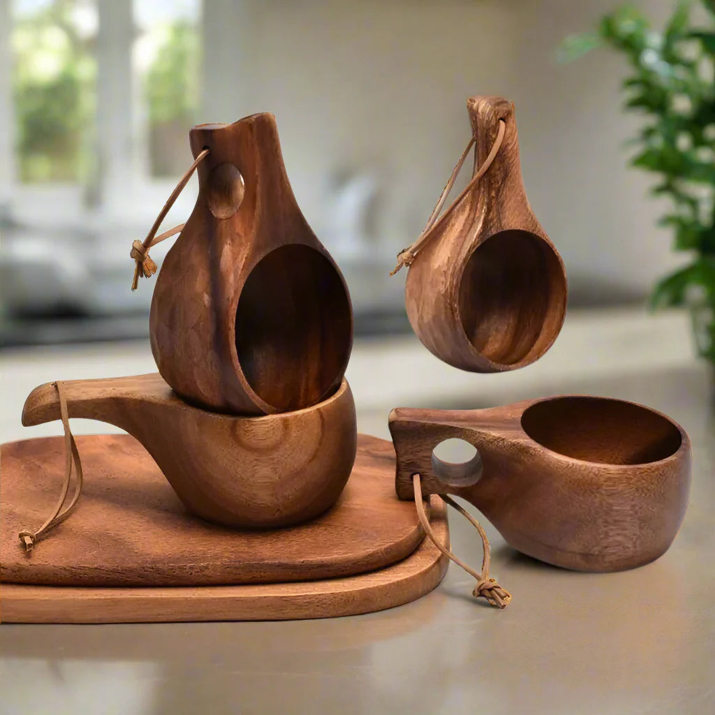 Lisslune | Acacia Wood Finland Kuksa Travel Mug with Handle and Leather Rope Holder - Stylish Drinkware for Coffee, Tea, and Juice