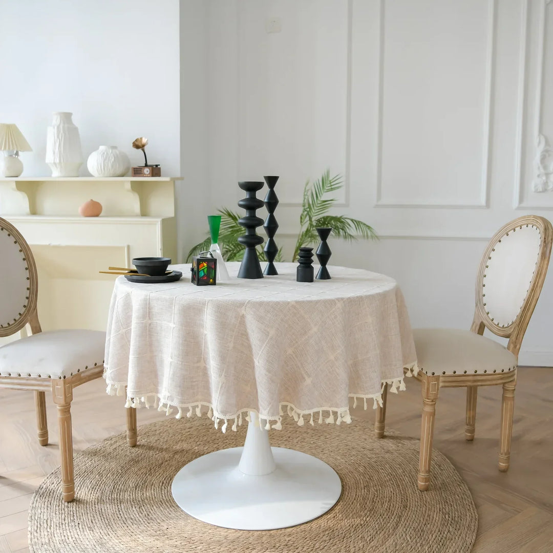 Rynx Cotton Linen Three-Dimensional Jacquard Checked Round Tablecloth, Tassel Dustproof Tablecloth, For Dinner Party Wedding Decor