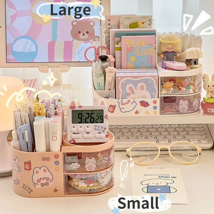 Rynx | Japanese Style Desktop Pen Holder Cute Multifunctional Large Capacity Partition Drawer Desk Stationery Organizer Storage Box