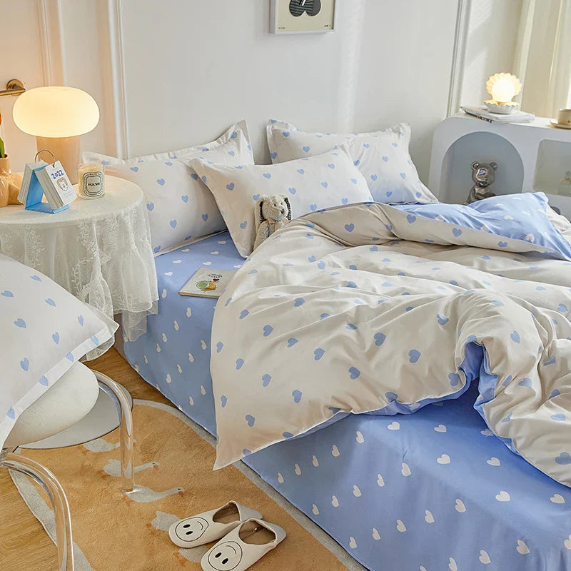 Rynx | Blue White Heart Duvet Cover Set INS Flat Sheet Pillowcase Floral Girls Adults Bedding Single Twin Queen Size Home Bed Linen