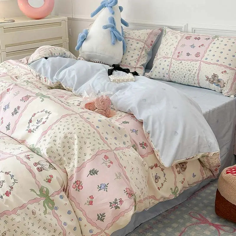 Rynx | New Fashion Bedding Set Ins Floral Single Double Size Duvet Cover Bed Sheet Pillowcase Grid Solid Color Home Girls Bedding