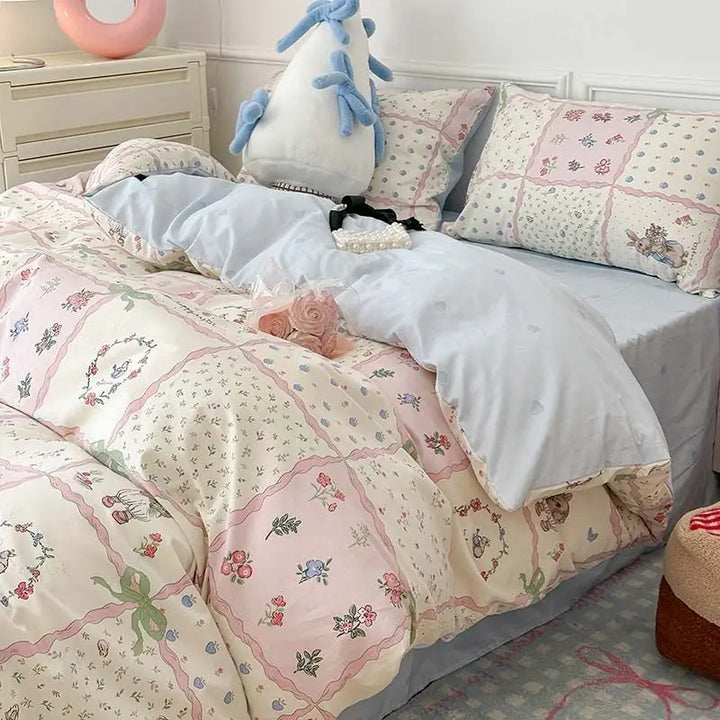 Rynx | New Fashion Bedding Set Ins Floral Single Double Size Duvet Cover Bed Sheet Pillowcase Grid Solid Color Home Girls Bedding