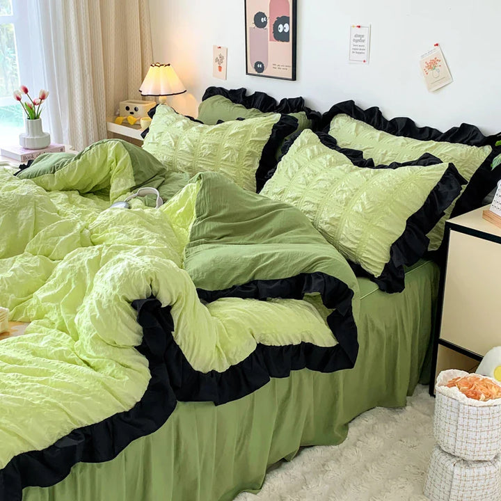 Rynx | Bubble Yarn Seersucker French Style Princess Lace Bedding Set Duvet Cover Set Bed Skirt Queen For Girls Decor Home